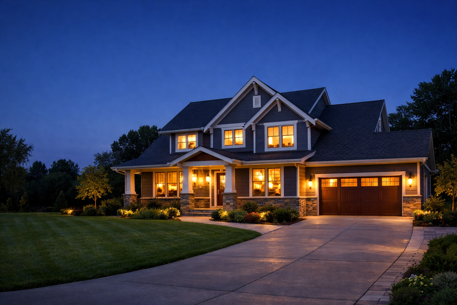 Beautiful suburban home at twilight